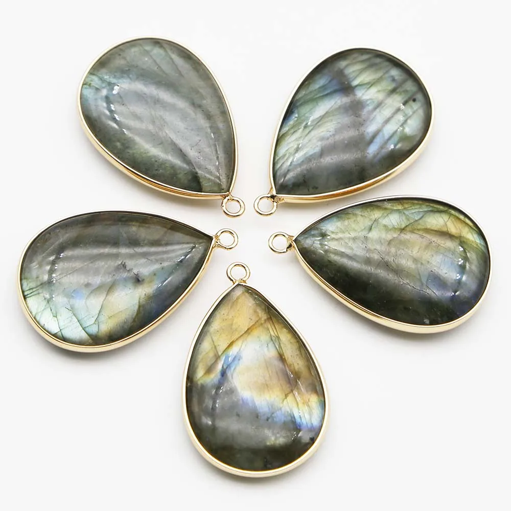 Selling Natural Gray Flash Stone Gilded Edge Water Drop Pendant Fine Necklace Reiki Charm DIY Jewelry Accessories Wholesale 4Pcs