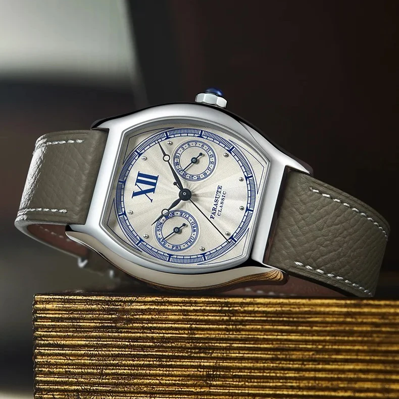 FARASUTE Men Watch 36mm Tonneau Case Quartz Wristwatch Sapphire Enamel Dial VH64 Dual Calendar Week Date