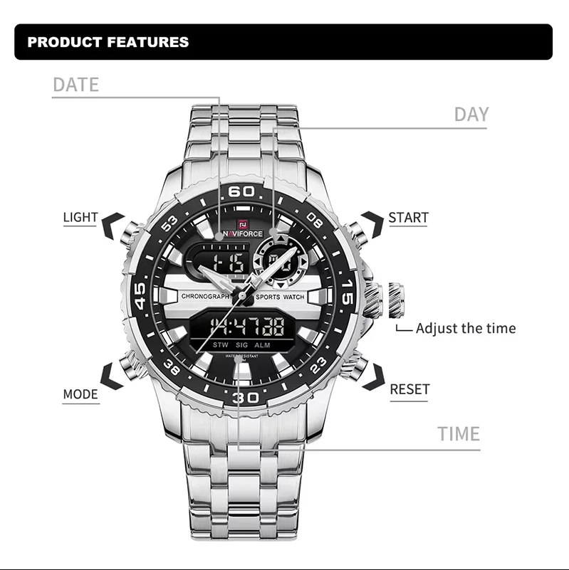 NAVIFORCE ساعات رجالية رجل ساعة 30 متر مقاوم للماء مضيئة الاتجاه الأصلي العلامة التجارية شاشة الكريستال السائل التناظرية الرقمية الكوارتز الذكور ساعة اليد