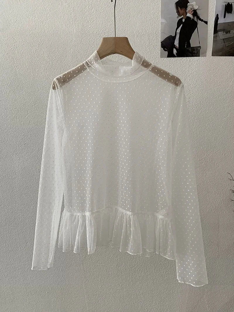 Y2K Women Polka Dot Mesh Top Slimming Effect Mesh Layering Lace Base Shirt Early Autumn Atmosphere