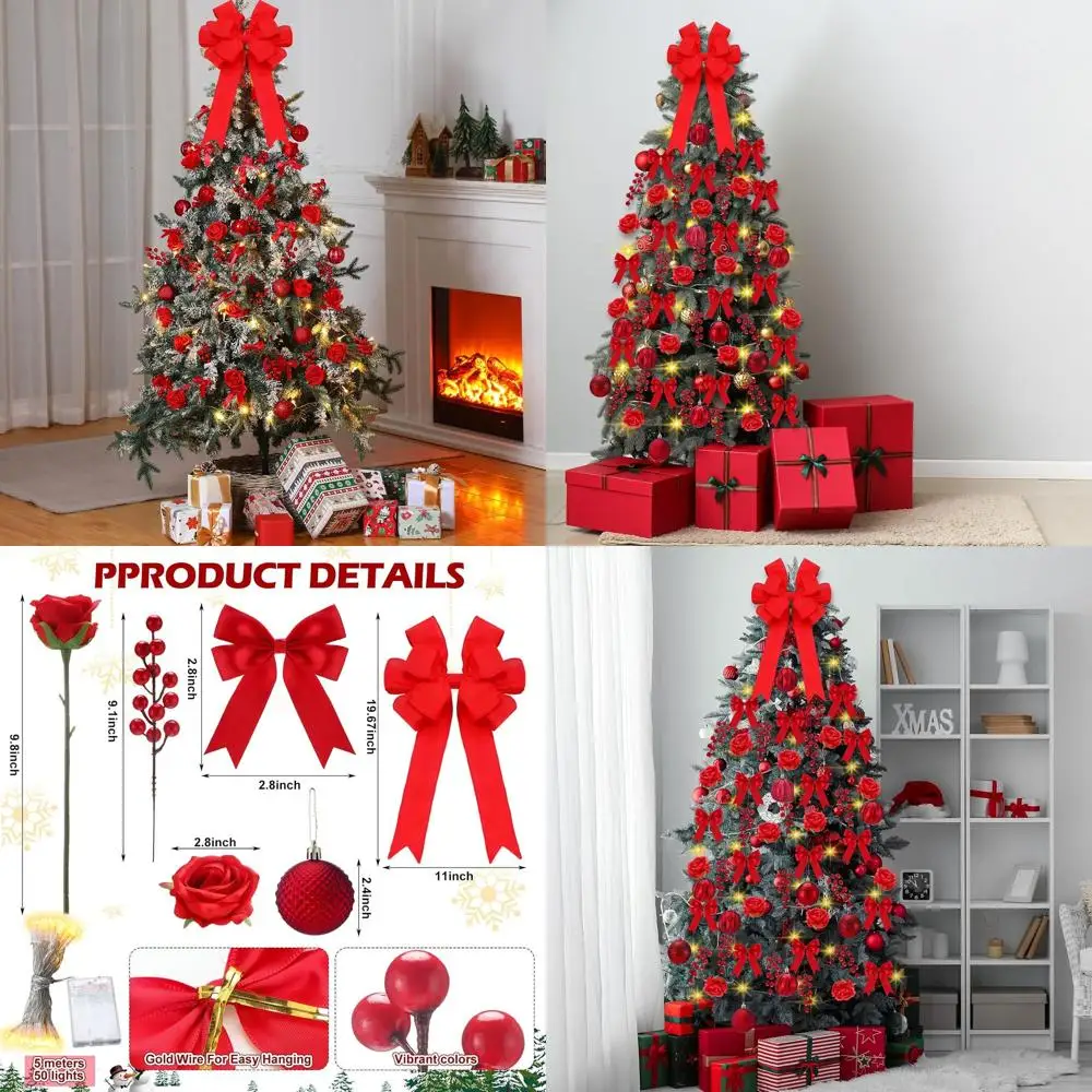 

134 шт. Набор украшений для рождественской елки с розами включает в себя искусственные украшения из красной розы Искусственные ягоды Рождественские шары Ленточные банты 16,4 f