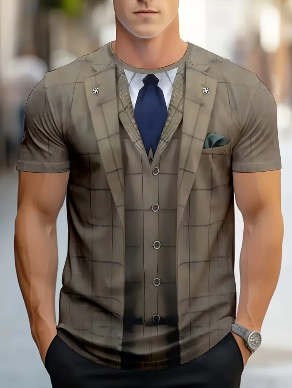 Fake Suit Pattern T-Shirt Herren Cosplay 3D-Druck T-Shirts Lustige lebensechte Fliege Mode Street Herren Oversize Kurzarm-Oberteil – Detail 4