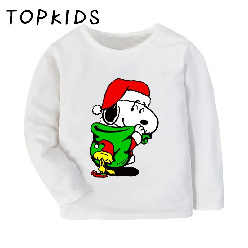 Merry Christmas Snoopy Cute Dog Santa Print Cartoon Kids T-shirt Children Clothes Baby Boys Girls Long Sleeve T shirt,LKP5914