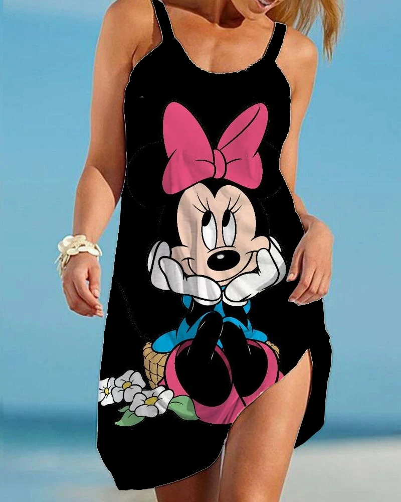 Vestido bohemio con estampado de dibujos animados de Minnie de Disney para mujer, vestidos sin mangas con cuello en V a la moda, vestido de playa suelto con dobladillo de verano, vestido elegante