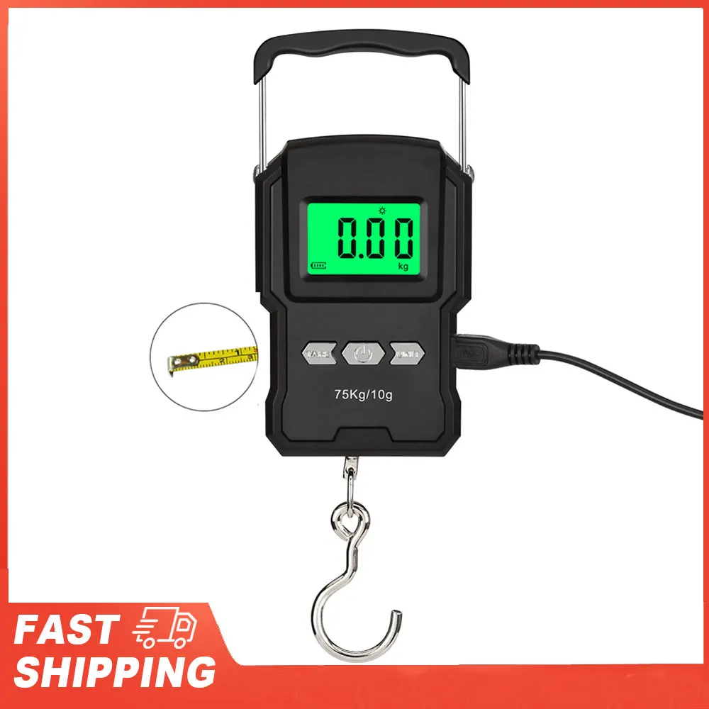 75kg Rechargable LCD Display Screen with Tapes Length Measure Function Electronic Hook Scale High Precisions Five Units Switch