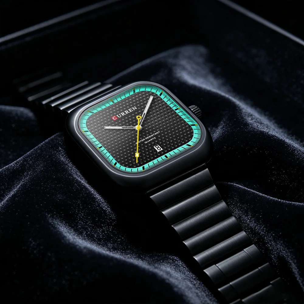 CURREN Retro Square Men's Quartz Watches Stainless Steel Strap Luminous Hands Trendy Casual Unique Design Male Wristwawtch