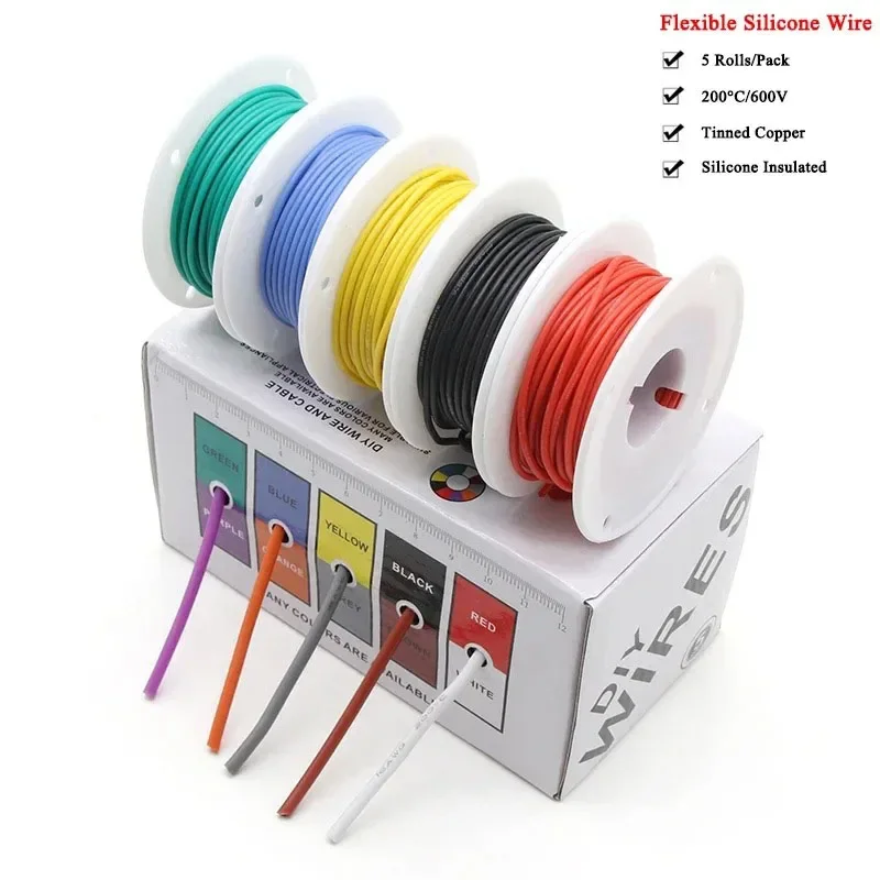 AWG 20 Heat Resistant Flexible Silicone Wire Stranded Electrical Tinned Copper Cable Automotive DIY 5 Colors 5 Rolls Mix Kit