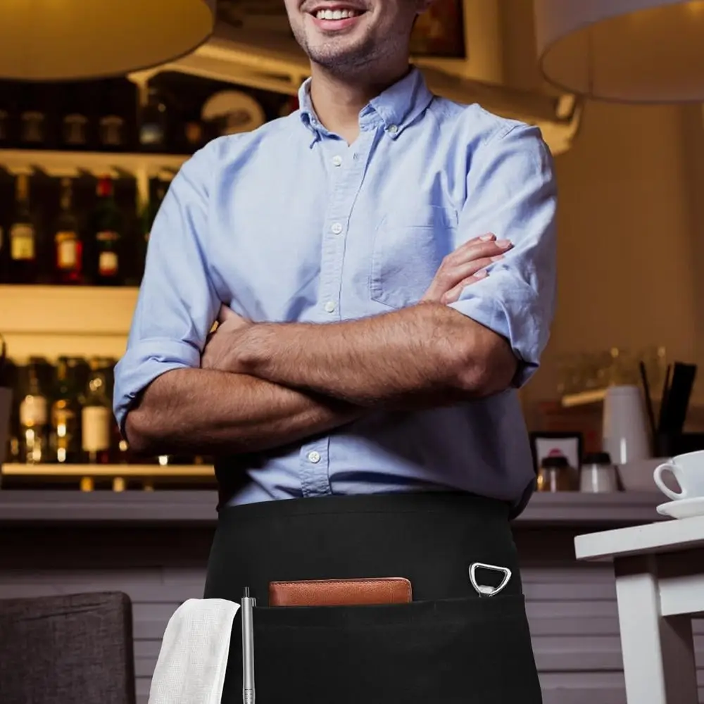 New Unisex Waist Apron 3 Pockets Polyester Half Apron Waiter Half Waist Apron Chef