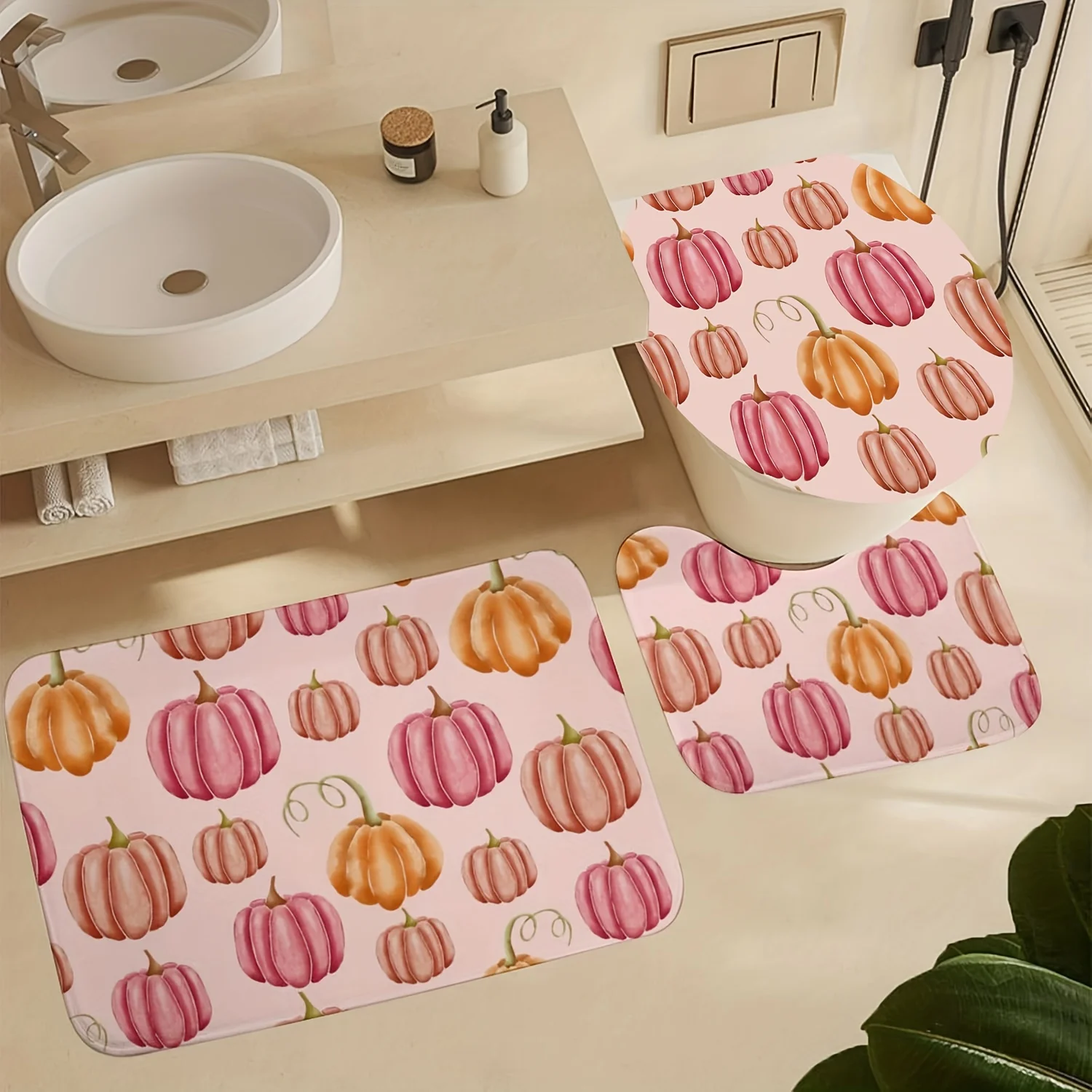 

3pcs Soft Pink & Orange Pumpkin Bathroom Rug Set with Toilet Cover & U-Shaped Mat - Plush Flannel Non-Slip Machine Washable, Cut