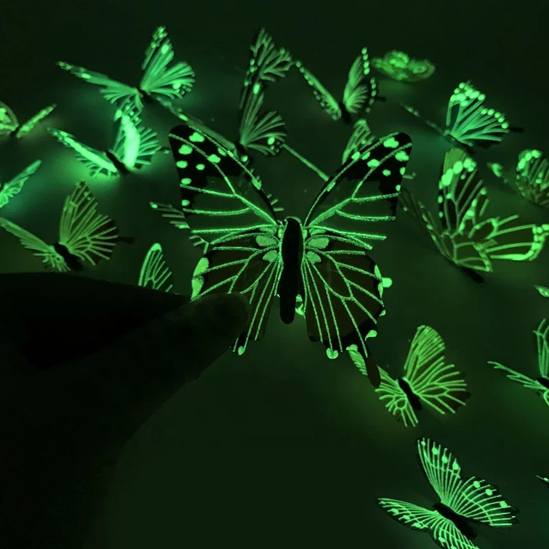 Wholesale Popular 12 Pc 3d 2 Layer Simulation Home Wall Decoration Glue Double Wing Luminous Butterfly Sticker