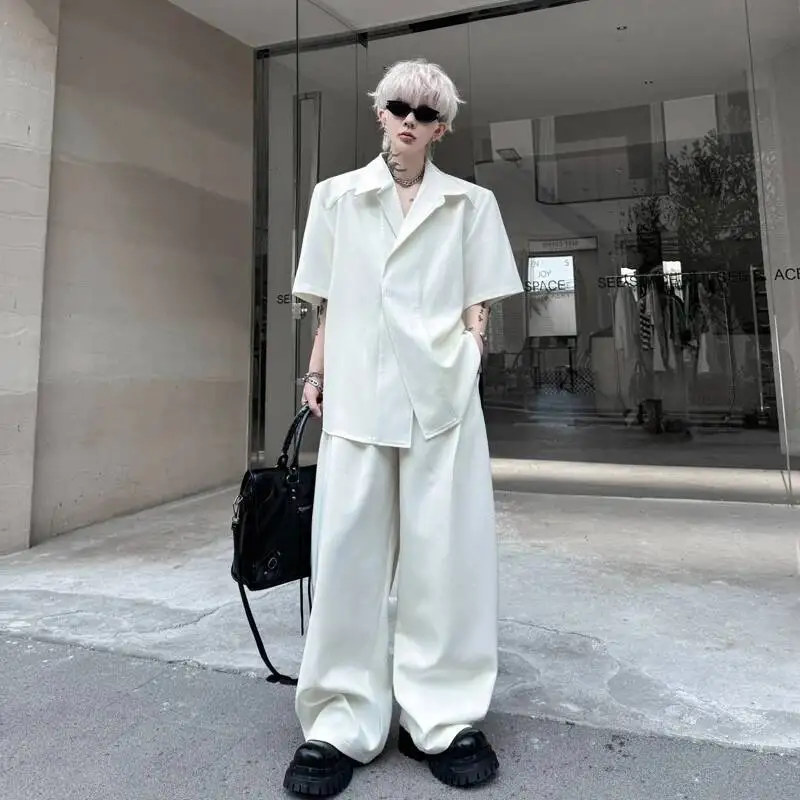New Black Summer Men's Suit Two Pieces Sets Notched Collar Loose Short Sleeve Shirt And Casual Wide Leg Pants OXYC view 4