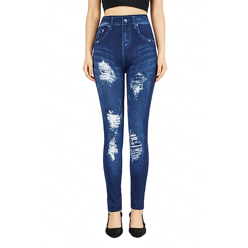 PD472 New European and American Sexy High Elastic Leggings with Tight Fitting Holes, Casual Printed Imitation Jeans for Women