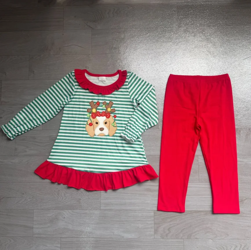 Wholesale Toddler Kids Christmas Set Long Sleeve Embroidery Dog Stripes Tunic Baby Girl Clothing Red Pants Girls Children Outfit