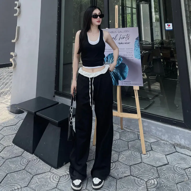 Fashion Casual Sports High Waist Color Block Wide Leg Pants For Women