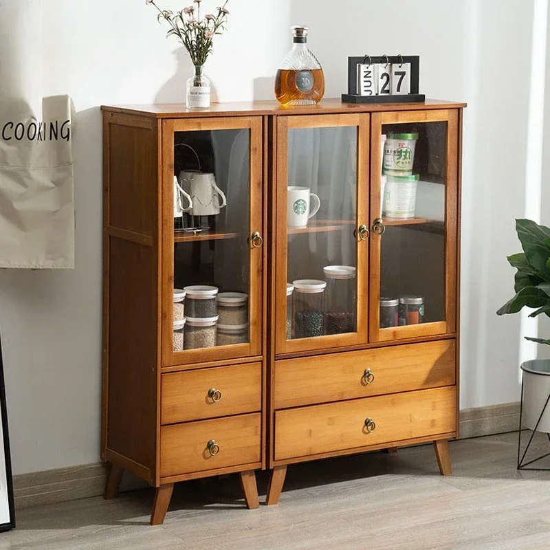 Living Room Bamboo Meal Side Cabinet Multi-function Kitchen Cabinets Multi-layer Drawer Tea Cabinet Transparent Storage Shelves