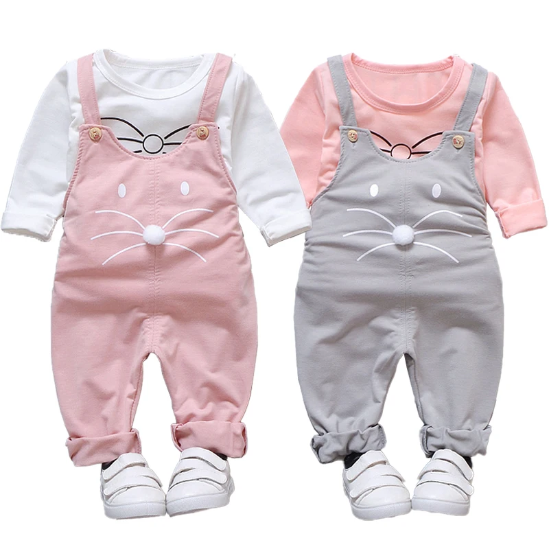 Spring Girls Clothing Sets Cartoon Mouse Long Sleeve Shirt + Overalls 2 Pcs Baby Kids Clothes Suit Children Birthday Present