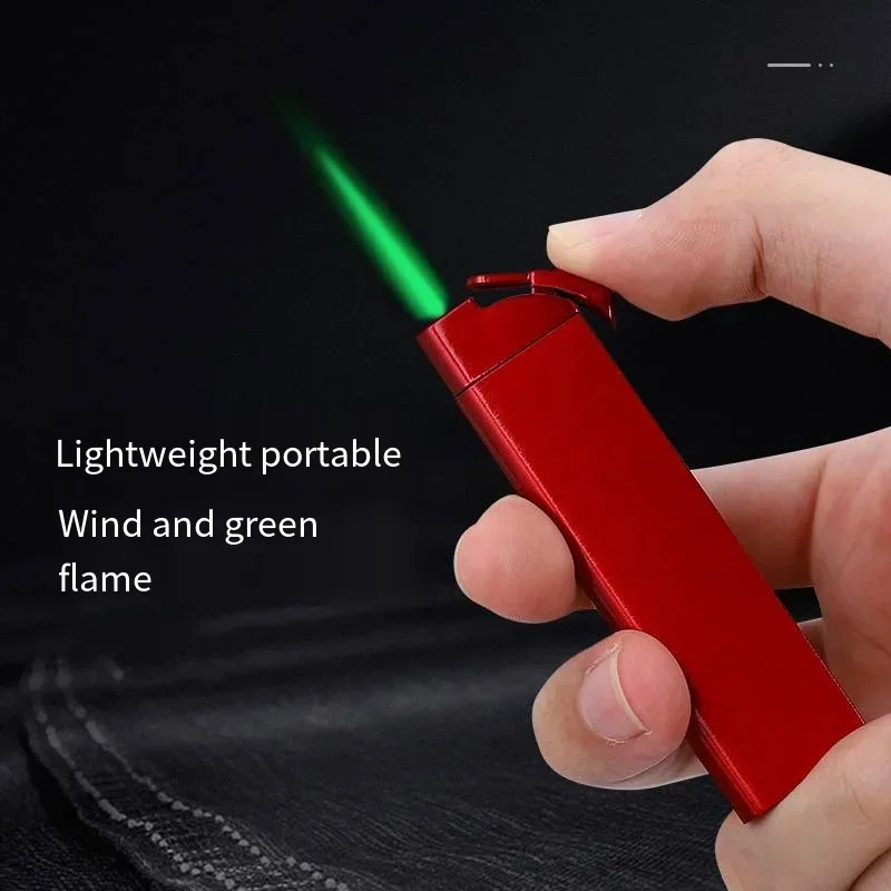 

Metal Long Strip Green Flame Direct Spray Windproof Inflatable Lighter Ultra-thin Mini Can Be Put Into Cigarette Box Lighter