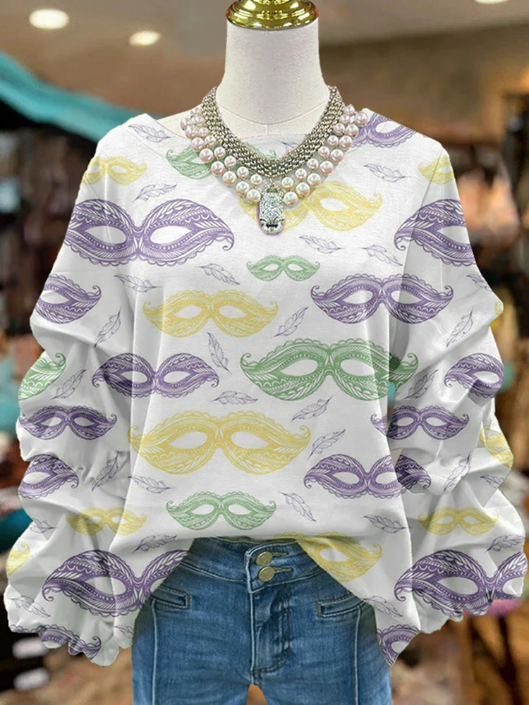 Mardi Gras Mask Pleated Sweatshirt