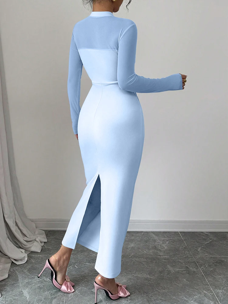 Autumn Women's Dresses Streetwear Fashion Long Sleeve Half turtleneck Maxi Dress Solid Sexy See Through Bodycon Dresses Clothing