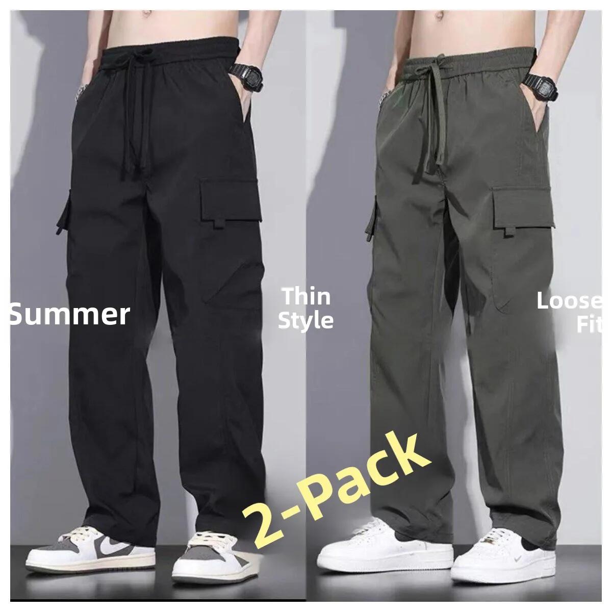 Men's Casual Work Trousers Summer Wear Resistant Multi-Pocket Loose Fit Straight Leg Long Pants for Heavy Duty