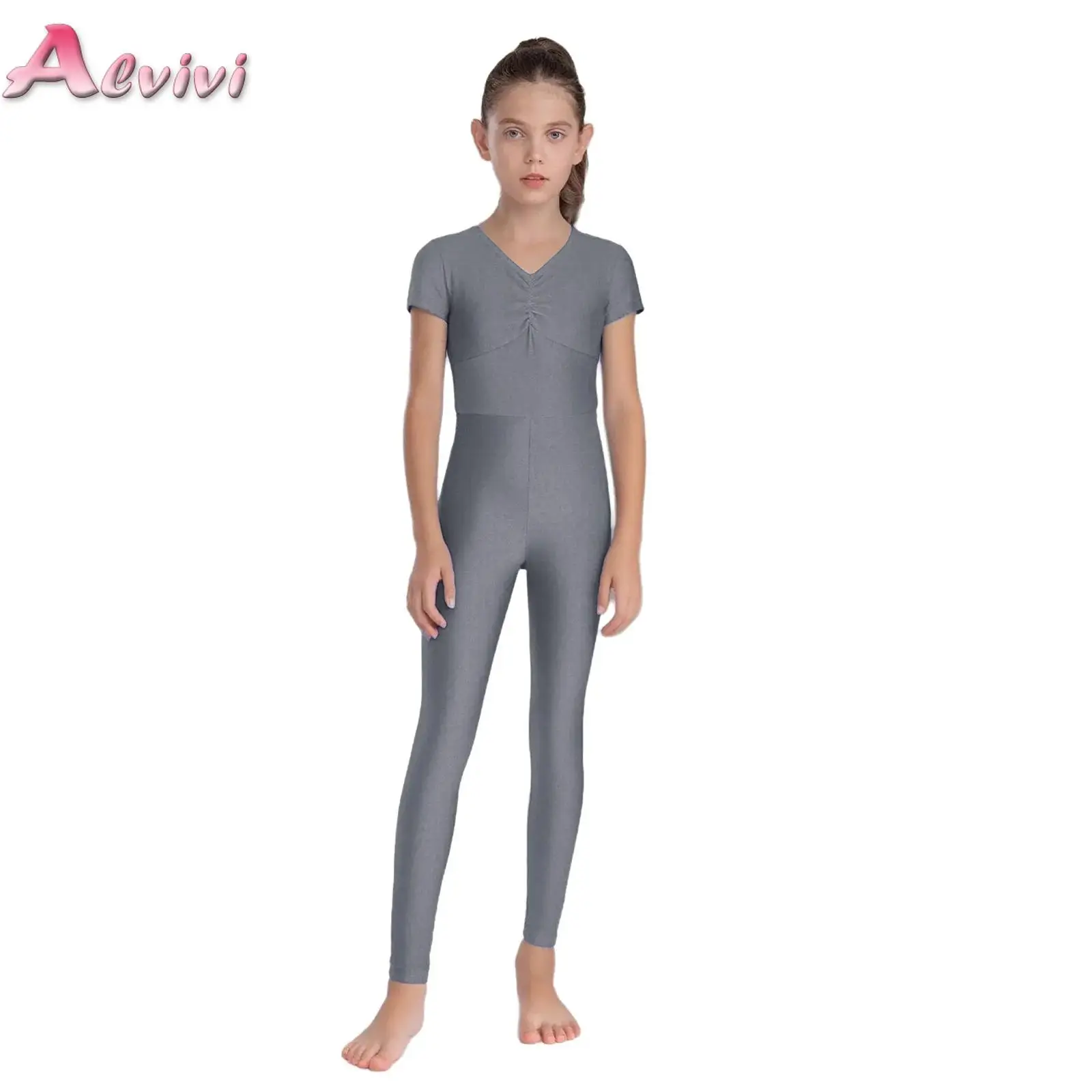 

Kids Girls Gymnastics Dance Jumpsuit Ruched Front V-Neck Short Sleeve Full Body Leotard Figure Skating Ballet Bodysuit Practice