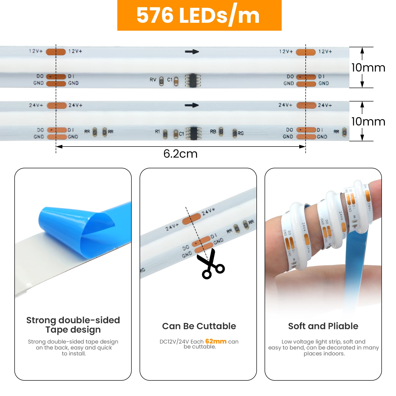 WiFi Bluetooth Control RGB COB LED Strip DC 12V 24V 576LEDs/m TV BackLight WS2811 Flexible Tape Light for Party Room Decoration