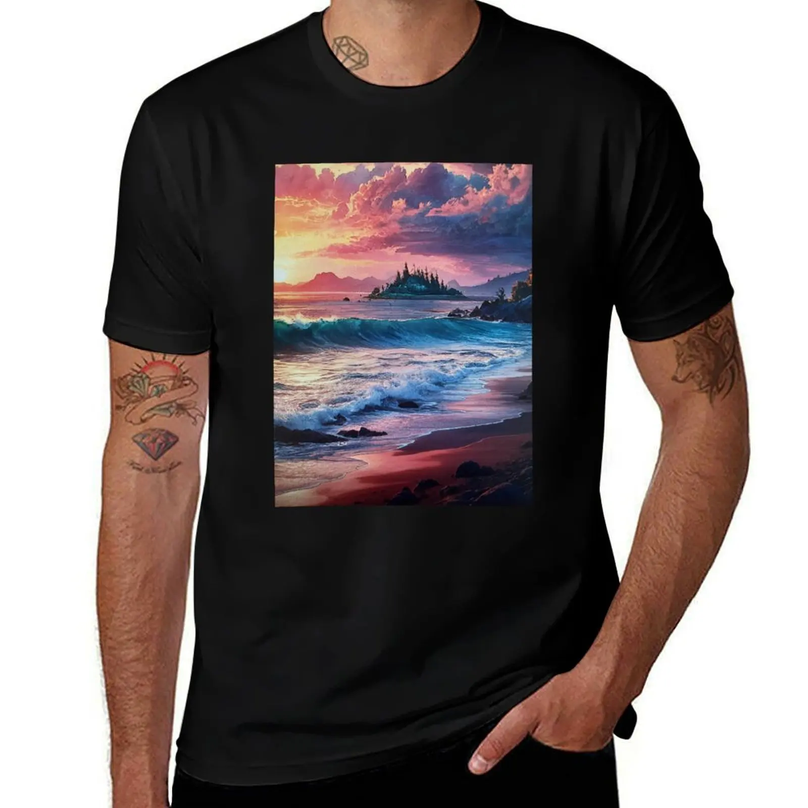 

Watercolor illustration of a Mystical Seaside Horizon Vibrant Sky T-Shirt Luxury man anime stuff designer t shirt men