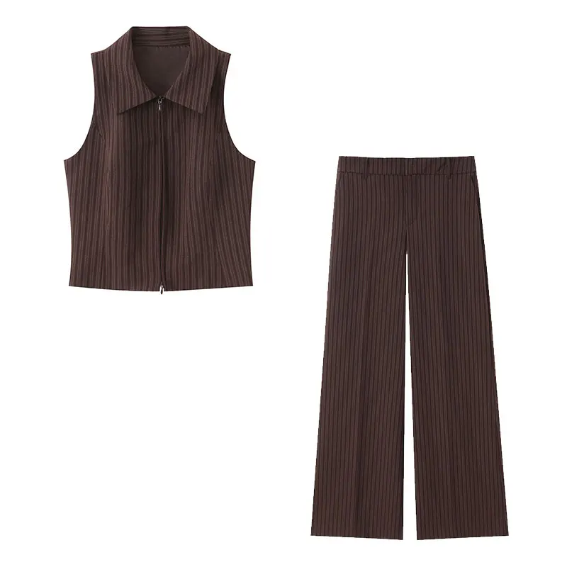 NLZGMSJ 2026 Lente Casual Chic Gestreepte Vrouwen Pakken Mouwloos Kort Vest Hoge Taille Wijde Pijpen Broek Mode Pakken
