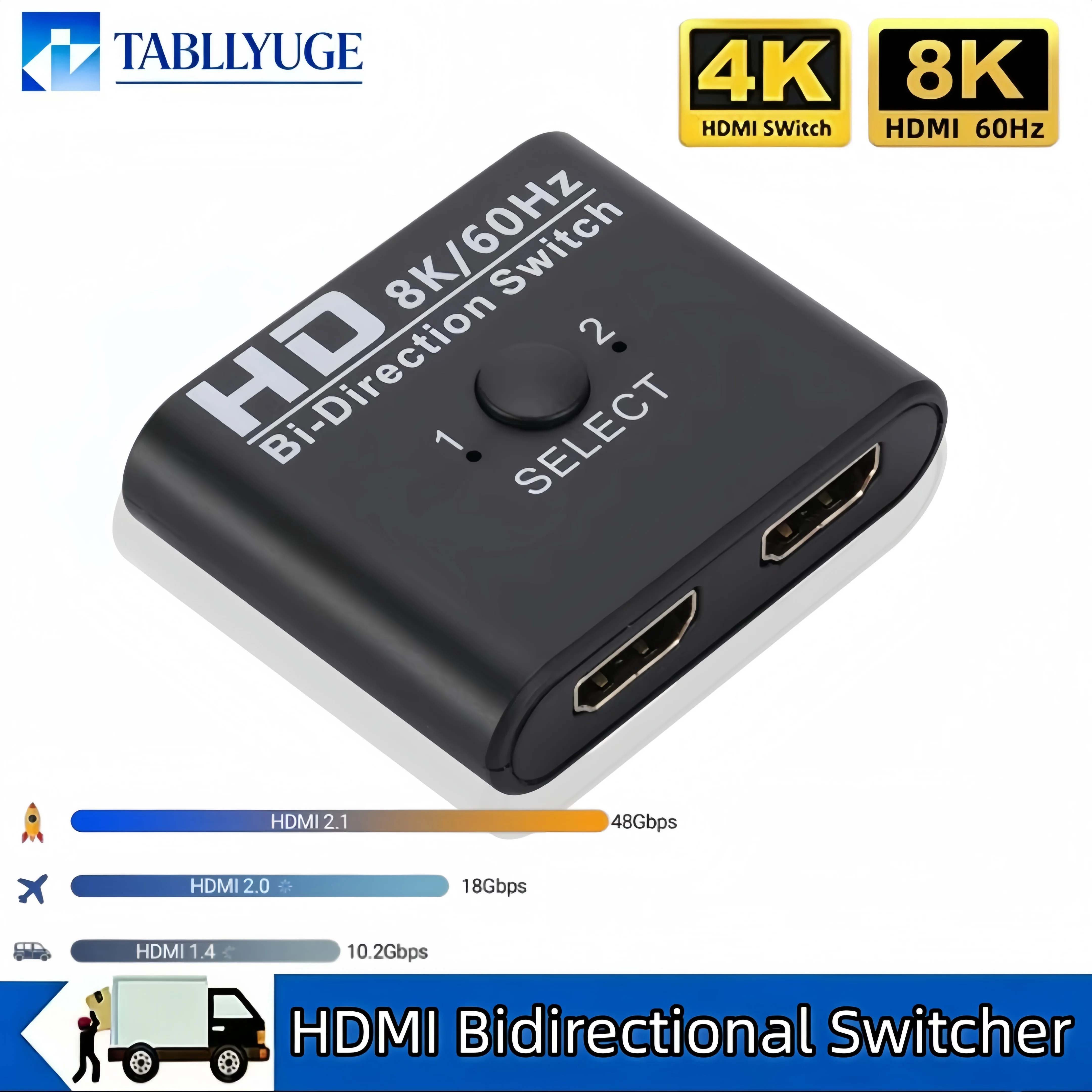 Adaptador HDMI 8K HDTV de 2 Portas Bidirecional 2x1/1x2 para Seleção de Vídeo de Laptop, PS3/PS4, TV Box para Monitor e TV