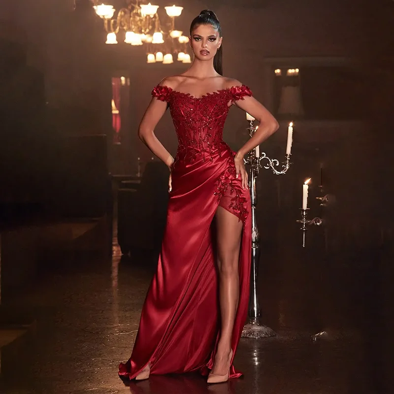 Jirocum sexy sereia vestido de baile renda frisada feminino formal festa vestidos de noite cetim de seda fora do ombro lado split vestido de natal