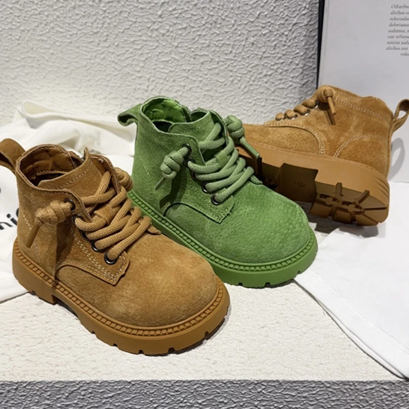 Toddler Boys Girls Suede Ankle Boots Winter Side Zipper Combat Booties Non-Slip Rubber Sole Casual Short Boots for Little Kids