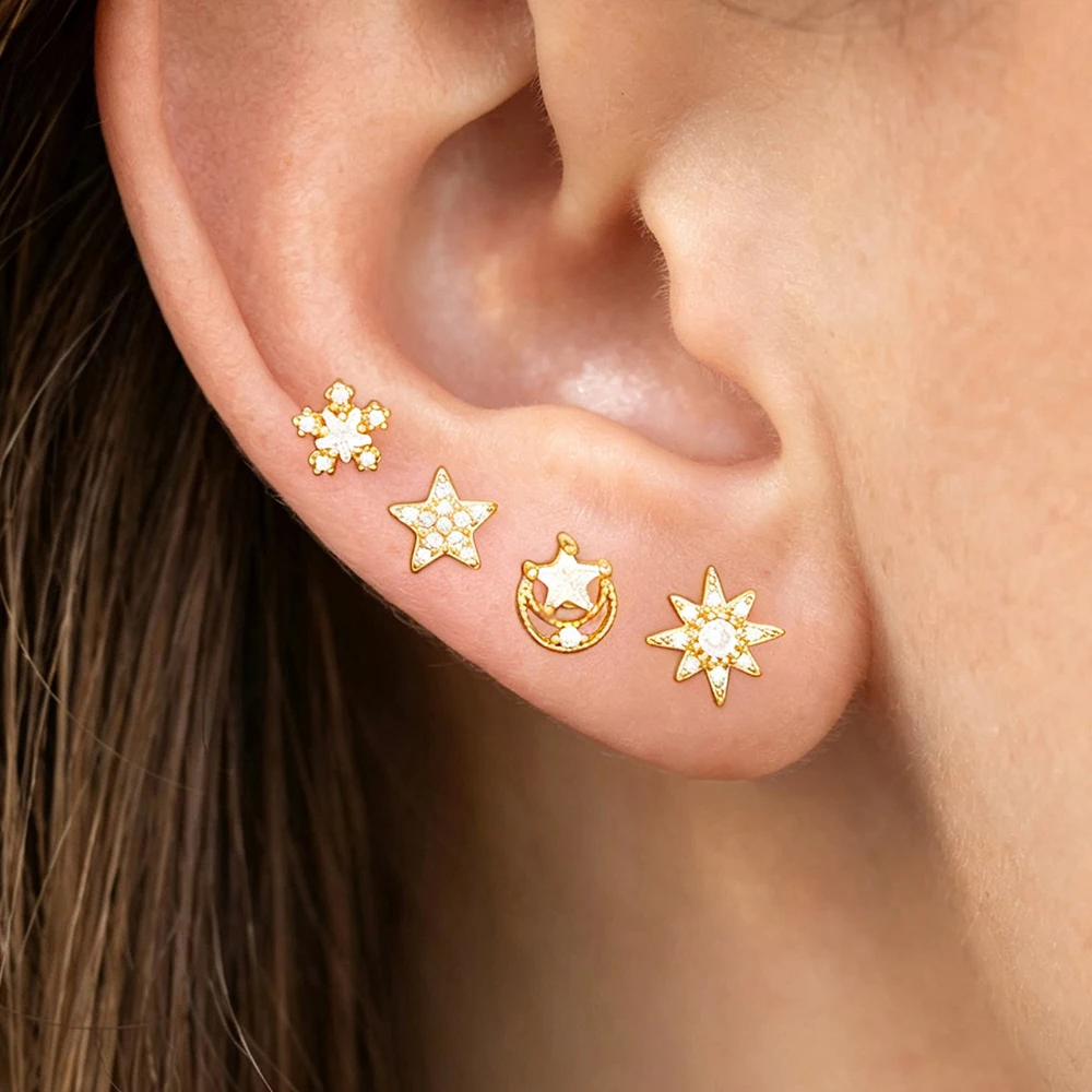 4er-Set luxuriöser Mond-Zirkon-Ohrstecker für Damen, Edelstahl, funkelnder Stern-Ohrstecker, Knorpel-Piercing-Schmuck