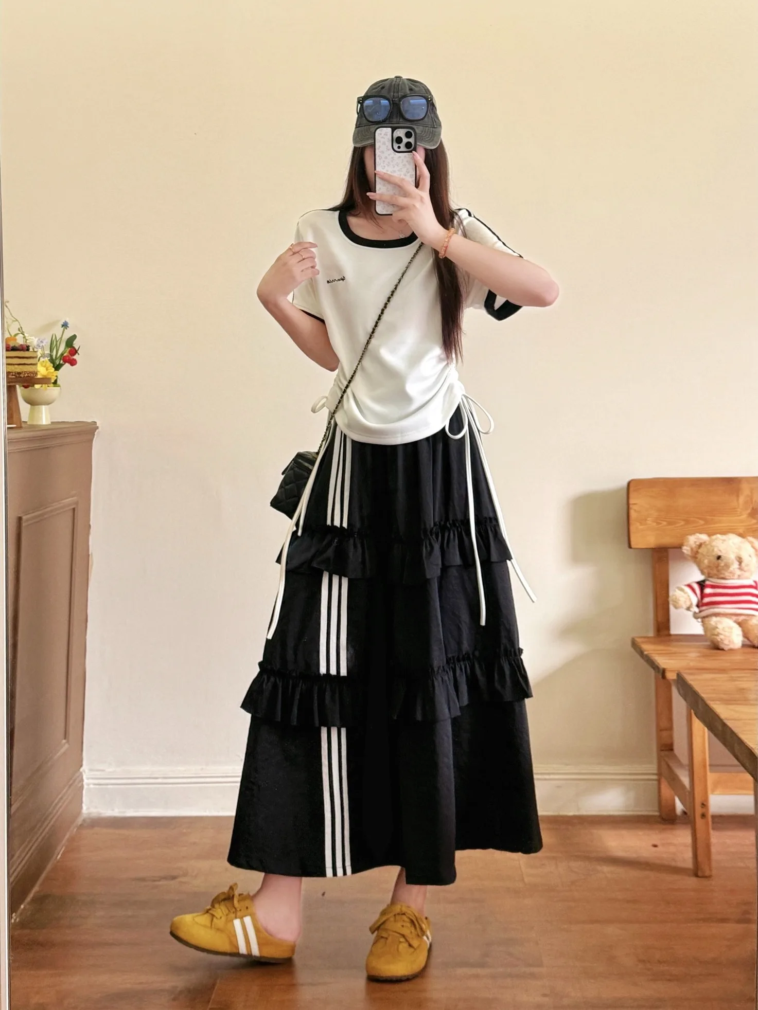 

plus Size Summer Academy Style Long Sleeve Top And Skirt Set Anti-Light Sports Dress Meat Concealing Black Cake Skirt
