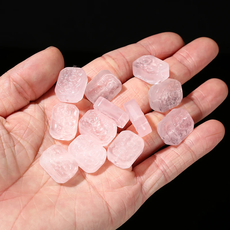 1 PC Natural Stone Pink Quartz Rectangular Carved Rose Flower Tablet Bead For Jewelry Making Diy Necklace Bracelet Accessory