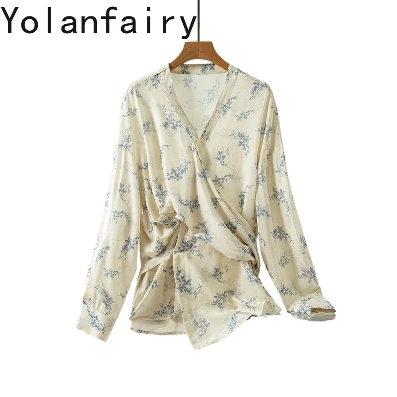 YOLANFAIRY 70% Mulberry Silk 30% Cotton Blouse for Woman Elegant Summer V-neck Fashion Floral Shirt Womens Tops Waisted Shirts