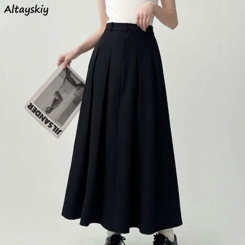 

A-line Skirts for Women Solid Pleated Empire Vintage All-match Loose All Season Preppy Students Leisure Daily Chic Ankle Length