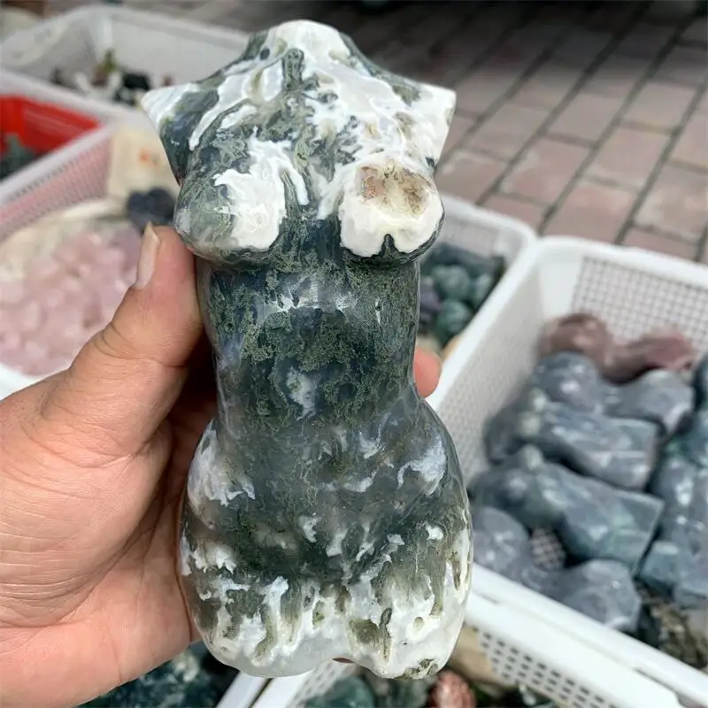 

18CM Natural Moss Agate Lady Body Carving Healing Crystal Gemstone Collectible Home Decoration Gift 1PCS