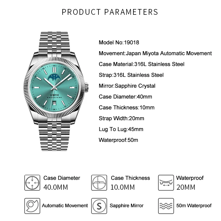 LOBINNI Men Automatic Watch 40mm Top Luxury Brand Watch  Waterproof Mechanical Wristwatch Sapphire Mirror Miyota 8205 Week Date