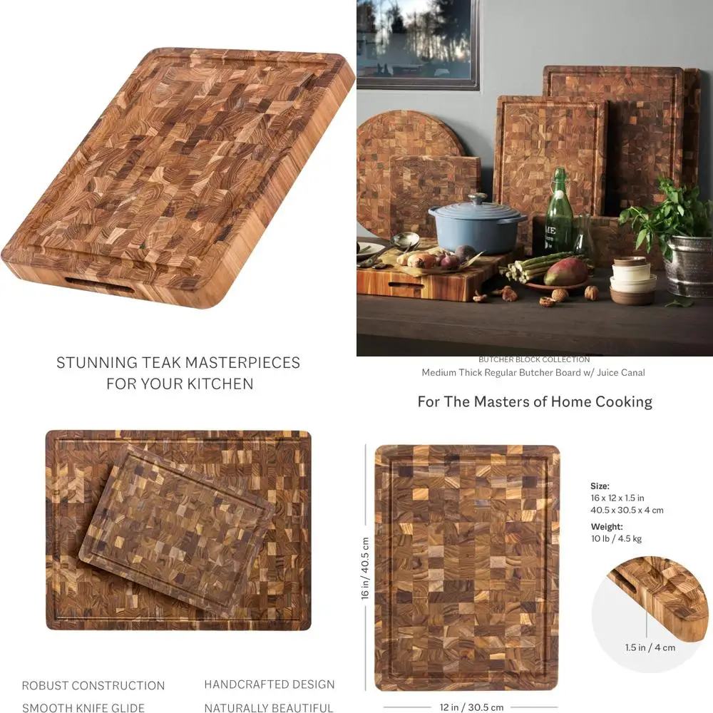 

Medium Thick End Grain Teak Wood Cutting Board with Juice Groove - Knife-Friendly, Sustainable FSC Certified, Durable Kitchen Ch