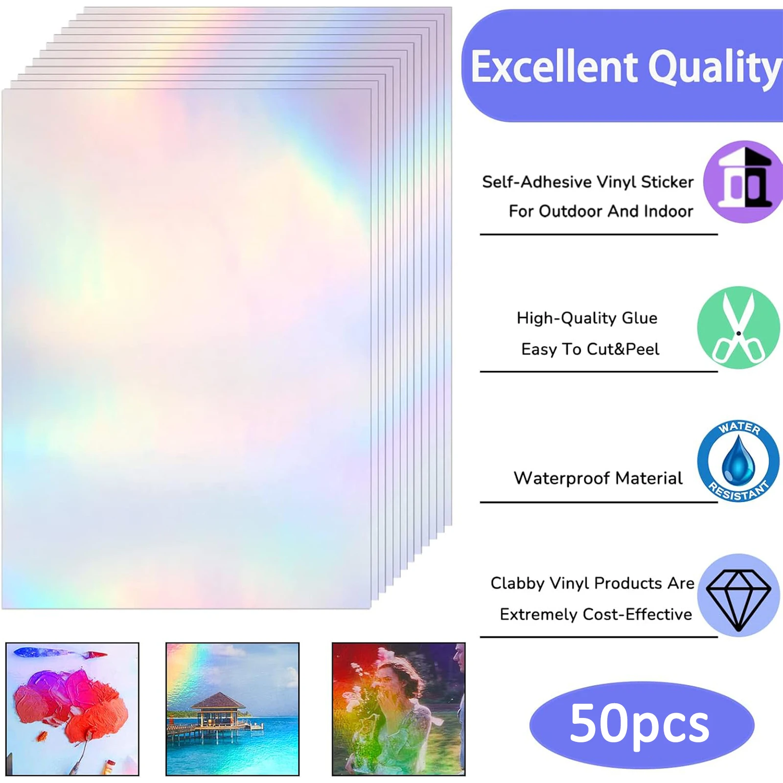 A4 50 folhas 8.3x11.7 em arco-íris adesivo holográfico papel glitter transparente sobreposição filme de laminação a frio folha de vinil autoadesiva