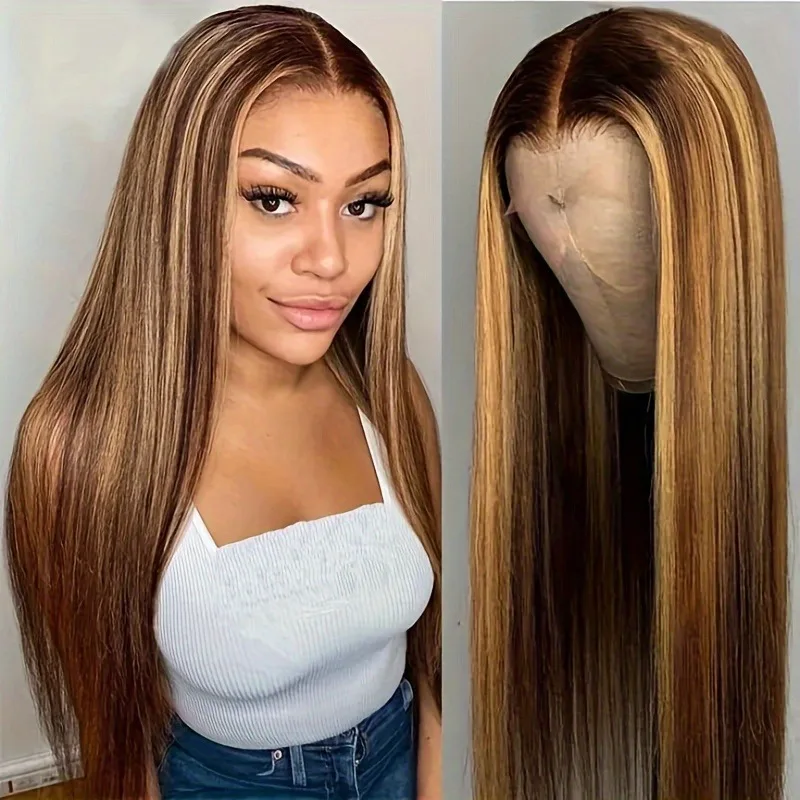 

Women's Brazilian Human Hair Wig 16-34 Inch Straight 4/27 Highlight - 13x4 HD Transparent Lace Frontal, Pre-Plucked Hairline, 18