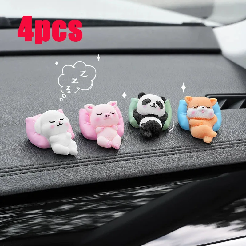 4pc Cute Panda & Bunny Car Dashboard Decor Relaxed Resin Animal Figurines for Car Interior Decor & Home Office Desk Mini Statues