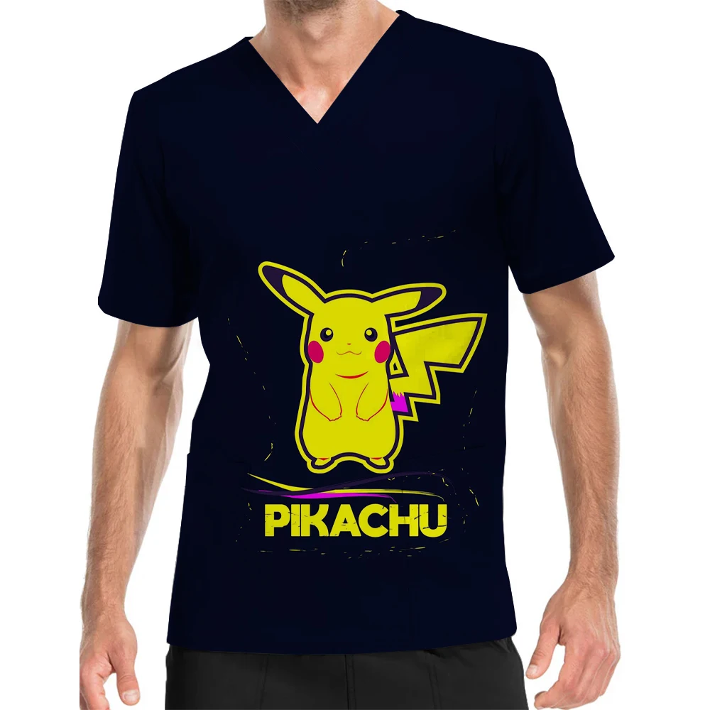 

2025 New Summer Men's Halloween Gift Cartoon Anime Pokemon Print Pocket V-Neck Short Sleeve Frosted Top Work Uniform