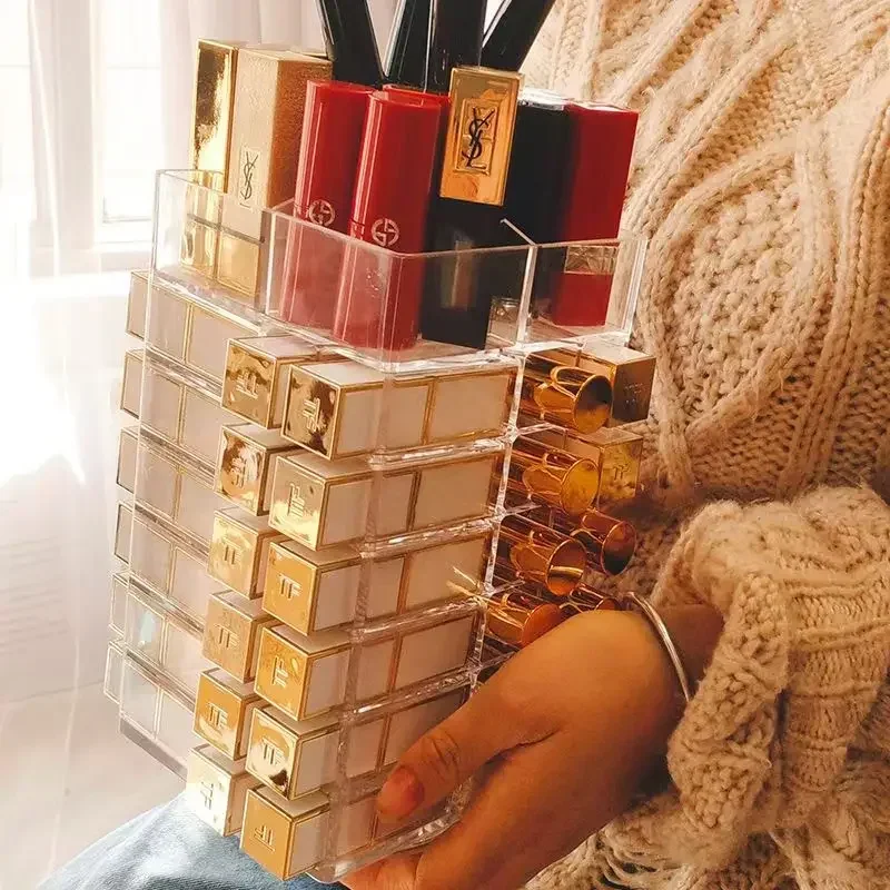 

360 Degree Rotating Lipstick Organizer 53 Lattices Rotated Tower Plastic Lip Gross Storage Rack Nail Polish Display Case