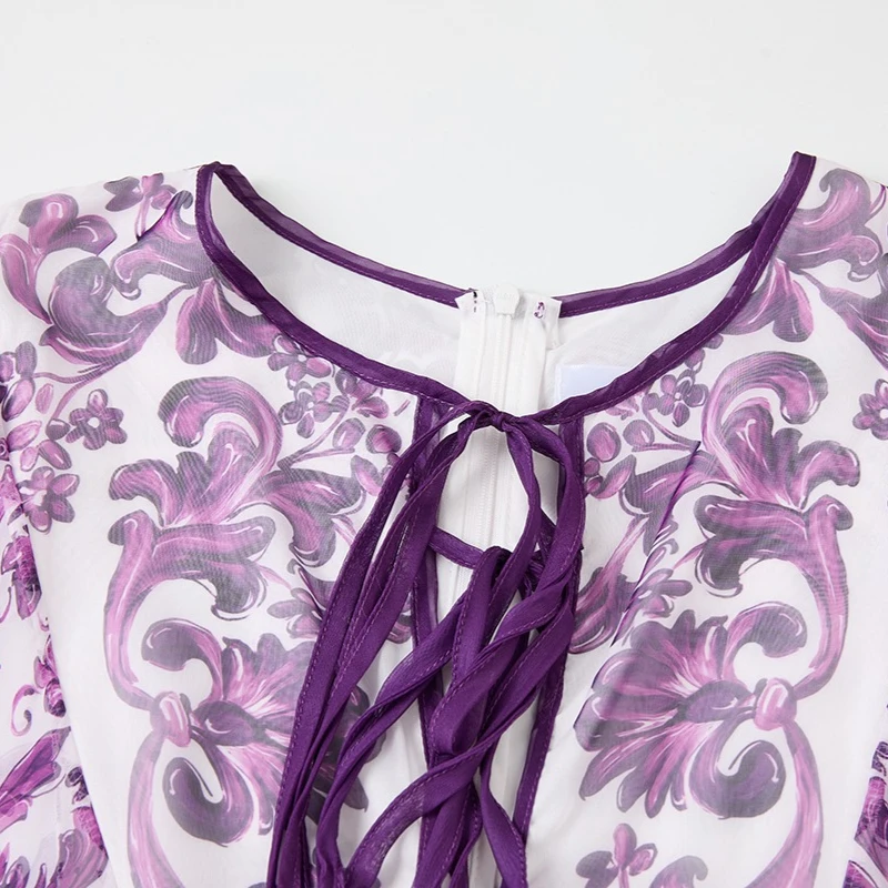 パープルフローラプリント V ネックドレス女性の夏のエレガントなヴィンテージシック Vestidos ボディコンハイウエストシックな布女性