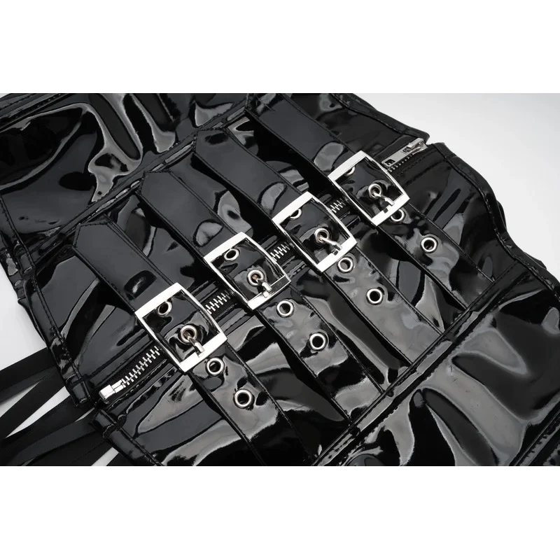 نظرة الرطب PVC مشد تحت الصدر النساء Steampunk بولي Leather الجلود مشبك متابعة بوستير العلوي القوطية التخسيس بوديالمشكل مدرب خصر المشدية