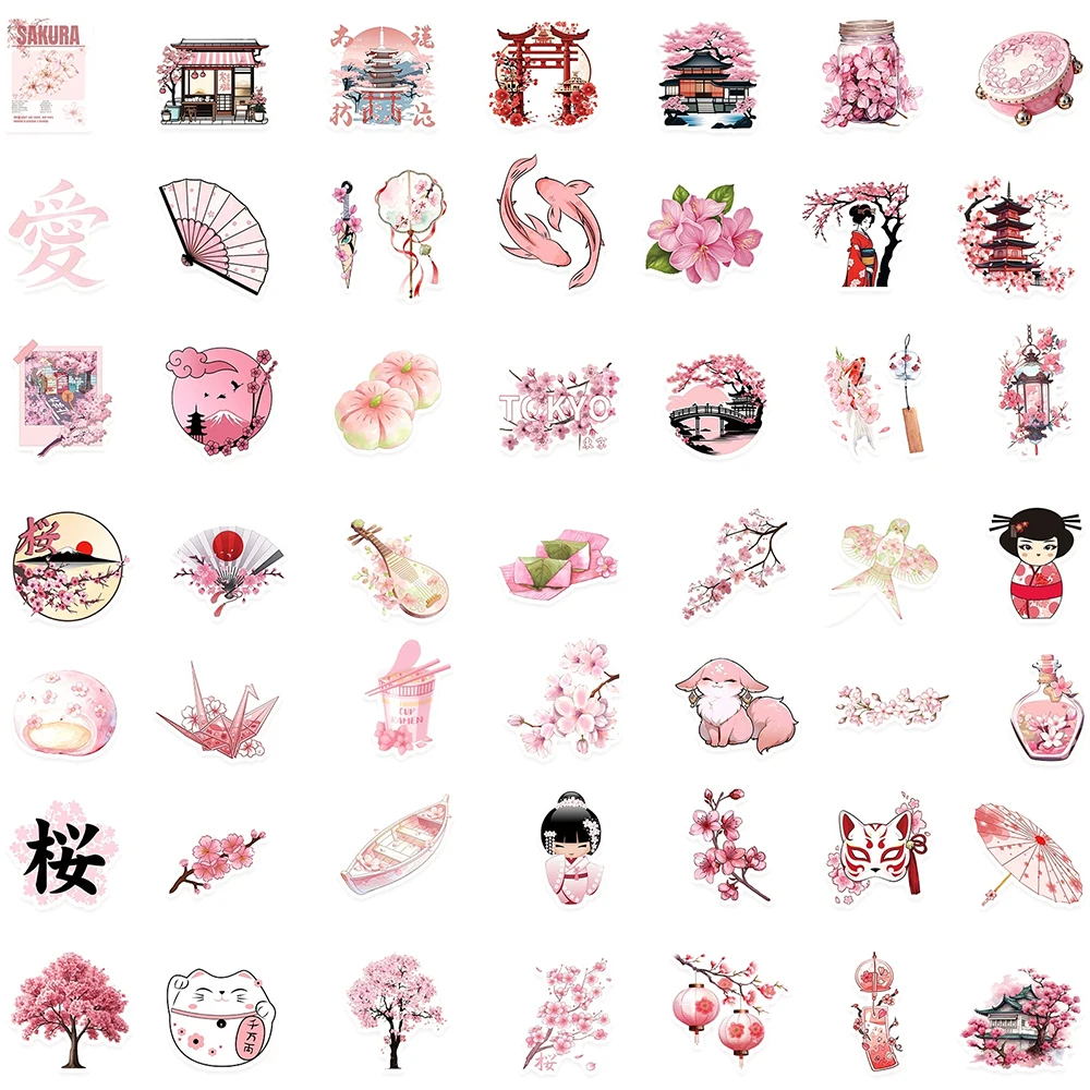 Picture 7: 10/30/50pcs Pink Cherry Blossom Japanese Culture Stickers Aesthetic Sakura Cartoon Decals DIY Suitcase Phone Laptop Sticker Gift