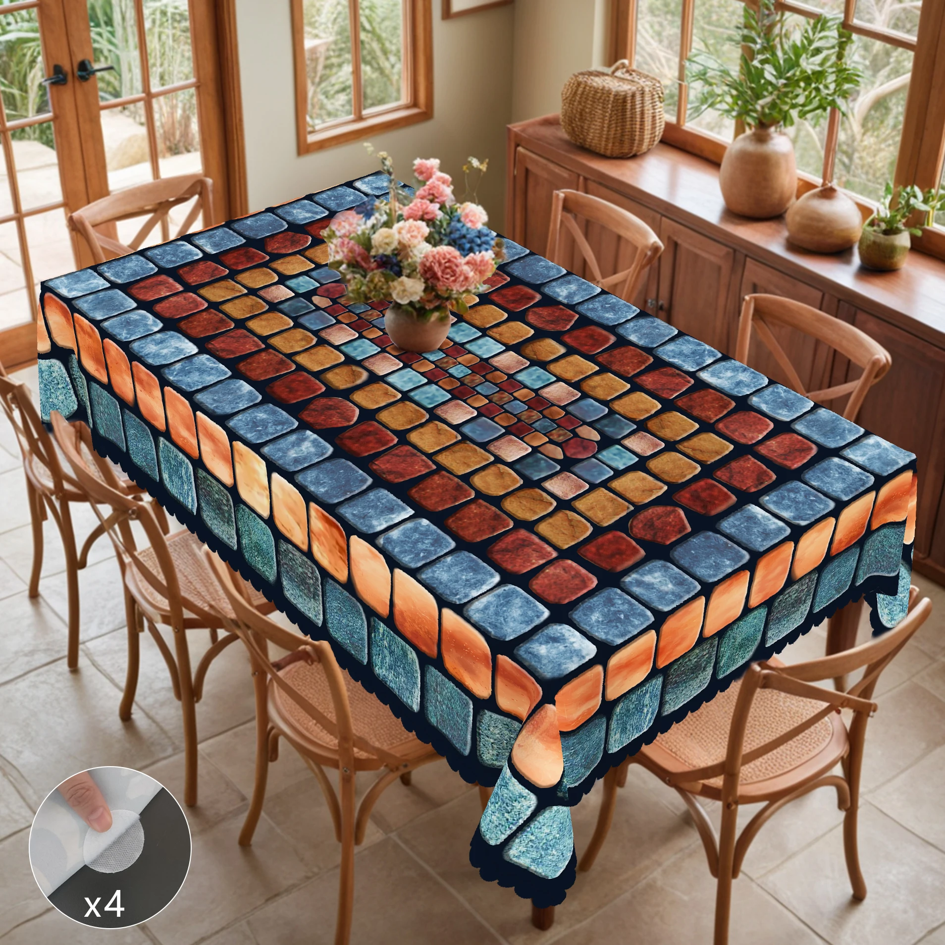 1 Stück einfache runde Tischdecke mit geometrischem Spleißdruck, 5 Größen erhältlich, mehrfarbige quadratische Tischdecke mit Steinspleißdesignmuster, Kantenprägungsprozess,
