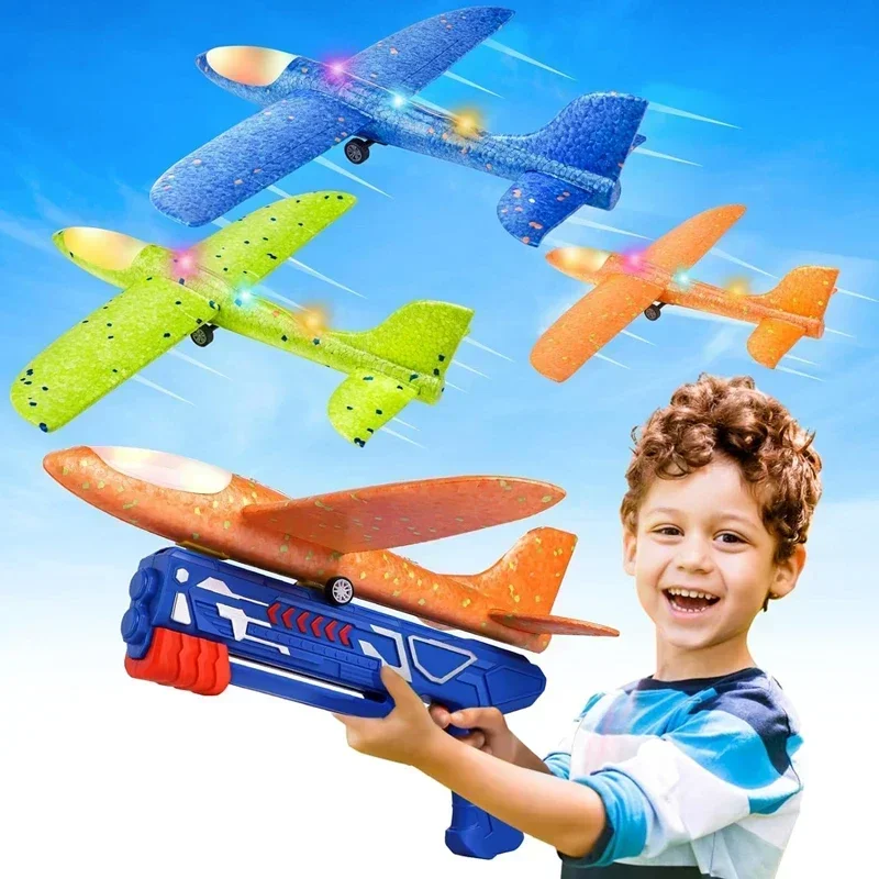 Kids Airplane Launcher Toys 13.2'' LED Foam Glider Catapult Gun Plane for Children Outdoor Flying Toys Birthday Gifts for Boys