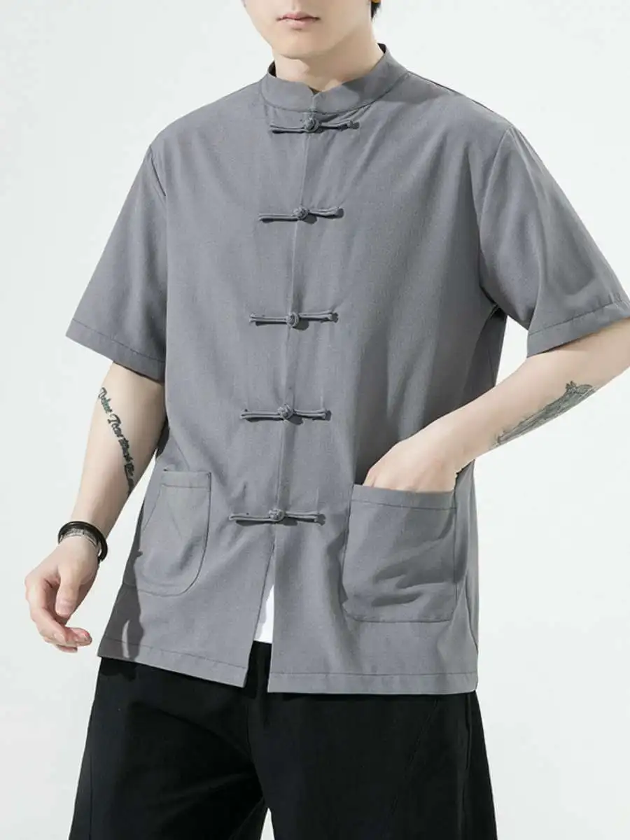 

New Summer Men's Fashion Bamboo Cotton Stand Collar Shirt Large Size Retro Button Half Sleeve Shirt Pure Color Loose Fit Shirt